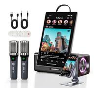 HUABAO Portable Karaoke Machine with 14.1” HD Rotatable Screen, Wireless Screen Mirroring for Android & iOS, Bluetooth Party Speaker with Lyrics Display & Lights, PA System with 2 Wireless Microphones