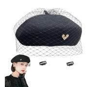 huablo French Berets Hat with Veil Premium Cashmere Beret Elegant Church Wool Hat for Women Solid Artist Hat, Black, One Size