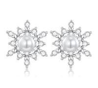 HUABOLA CALYN Christmas Earrings for Women, Snowflake Pearl Studs with Zirconia, Hypoallergenic Small Sleeper Studs Xmas Jewellery