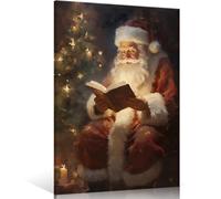 Huabsad Vintage Christmas Canvas Wall Art, Santa Reading Booking Pictures Wall Decor, Merry Christmas Posters Santa Painting Prints, Farmhouse Aesthetic Christmas Room Wall Decor, 16x22in Wood Framed