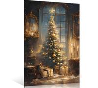 Huabsad Vintage Christmas Wall Art, Christmas Tree Canvas Picture Painting Prints, Winter Pine Christmas Gifts Scene Posters, Farmhouse Aesthetic Christmas Room Wall Decor, 16x22in Wood Framed