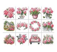 Huacan Diamond Painting Mini Picture Kits 12 Pcs Cartoon Rose Pattern Diamond Art Kit DIY Full Round Drill Mosaic Canvas for Beginners Handmade Home Decor 5.9x7.87 in