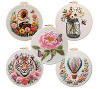 Huacan Embroidery Kits for Adults Beginners 5 Pcs, DIY Embroidery Starter Kit with Instruction (Flowers, Tiger, Hot Air Balloon)