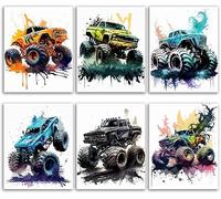HUACANVASART Monster Truck Posters Wall Art Prints for Boys Room Decor,Watercolor Monster Truck Car Posters For Boys Kids Room Decorations,Nursery Kids Room Bedroom Playroom Wall Decor,Set of 6