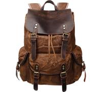HuaChen Rugged Leather and Waxed Canvas Backpack for Men, Shoulder Rucksack for Travel Laptop Hiking (M80_Brown)