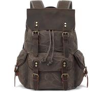 HuaChen Rugged Leather and Waxed Canvas Backpack, Men’s Vintage Travel Rucksack Daypack, Grey, L, Vintage; Retro; Military-style