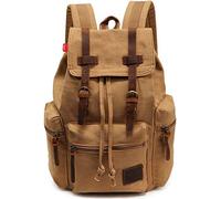 HuaChen Vintage Canvas Travel Backpack with Leather Trim, Laptop Padded Sleeve, Hidden Back Security Pocket, Fits 14-Inch, M32 Khaki