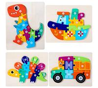 HUADADA Wooden Puzzles Dinosaur Animals Jigsaws puzzle Toys for 1 2 3 4 Year Old boy 4 Pack Shape Number Toddler Puzzles Toddler Toys Educational Games for Girls Boys Children