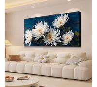 HUADAOART White Chrysanthemum Canvas Wall Art 40 x 20 inches Navy Blue Background Contemporary Floral Print Living Room Decor Ready to Hang