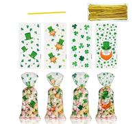 HUAEDNWKYI Set of 100 St. Patricks Day Cellophane Bags - Green Clover & Leprechaun Motifs, with Twist Ties, Party Supplies for Irish Celebrations, Party Favours & Treats, 13 x 27 cm