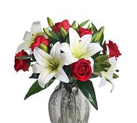HUAESIN Artificial Flowers 11PCS Realistic Red Roses Bouquet with White Lily Summer Cemetery Flowers Silk Floral Arrangements for Home Table Centerpieces Wedding Party Anniversary Decor (NO Vase)