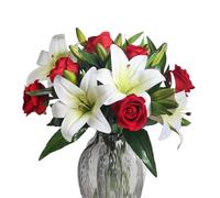 HUAESIN Artificial Flowers 11PCS Realistic Red Roses Bouquet with White Lily Summer Cemetery Flowers Silk Floral Arrangements for Home Table Centerpieces Wedding Party Anniversary Decor (NO Vase)