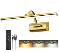 HUAEU Picture Lights for Wall Battery Operated, 5200mAh Rechargeable Picture Light with Remote Timer, Dimmable & 3 Color Temps, Wireless Wall Lights for Picture Frame Dartboard Gallery, 40cm Brass