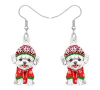 HUAGEO Christmas Acrylic Santa Hat Costume Cute Bichon Frise Dog Earrings Pets Animals Dangle Jewellery For Women Dog Lovers Festival Charms Gifts (White)