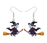 HUAGEO Halloween Acrylic Cute Broom Witch Earrings Spooky Pumpkin Black Cat Wizard Dangle Novelty Jewellery For Women Festival Party Favor Charms Gifts (Violet)