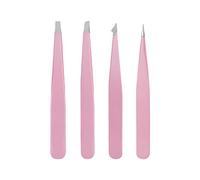 Huairdum Eyebrow Tweezers Set, Stainless Steel 4PCS Professional Precision Hair Removal Tools for Eyebrow Shaping, Beard Grooming & Blackhead Removal, Pink with Travel Storage Case