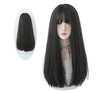 HUAISU Long Straight Black Synthetic Natural Wig for Women with Bangs Cosplay Wig (Black Tea, 22 Inch)