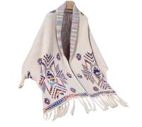 HUAJINGKEJI Geometric Pattern Tassels Shawl Wrap for Women Ethnic Long Sleeve Knit Sweater Cardigan Open Front Ponchos Shrug Cloak