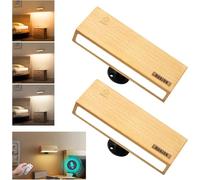 HUAJUN Wood Magnetic LED Wall Lights, 2 Pack Wireless Rechargeable Wall Sconce with Voice Control, 360° Rotatable, Remote & Touch Control, Indoor Wall Lights for Bedroom, Hallway, Living Room