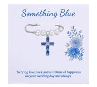HUAJYAS Something Blue Bridal Gown Brooch,Blue Crystal Cross Pearl Wedding Bouquet Charm,Bride Evening Gown Brooch Keepsake Gift from Family Friends for Bridal Shower Party Wedding Day
