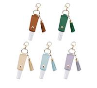 Huakaile5 Pieces Portable Empty Travel Bottle Keychain, 1 Oz/30 ml PU Leather Lotion Holder Keychain Refillable Hand Washing Fluid Holder Squeeze Bottles (khaki, purple, green, light blue, and brown)