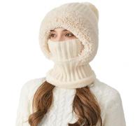 Huakunda Balaclava for Women Winter Pompom Hat Warm Ski Mask Windproof Fleece Hood with Neck Cover for Cycling Skiing Walking (UK, Alpha, One Size, Beige)
