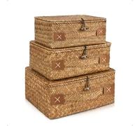HUALIANG Rattan Storage Basket with Lid, 3 Pieces Wicker Storage Baskets with lids，Seagrass Braided Shelf Baskets, Multifunctional Storage Box for shelves for Toys, Cosmetics, Bathroom,Toilet Paper