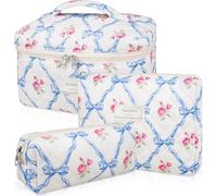 Hualinsyi Set Of 3 Cotton Quilted Makeup Bag Set Zipper Handle Kawaii Aesthetic Travel Toiletry Cosmetic Bag Set For Women Bow, blue-flower, Coquette Aesthetic,personalized Cute,cute,kawaii Aesthetic