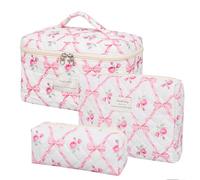 Hualinsyi Set Of 3 Cotton Quilted Makeup Bag Set Zipper Handle Kawaii Aesthetic Travel Toiletry Cosmetic Bag Set For Women Bow, red-flower, Coquette Aesthetic,personalized Cute,cute,kawaii Aesthetic