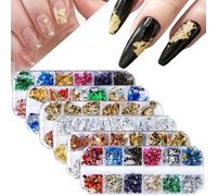 Huamengyuan Nail Sequins Glitter 3D Gold Leaf Nail Art Rhinestone Colour Gold Foil 12 Grids Glitter Foil Sequins Box Nail Gold Silver Foil Decals Metallic Foil Pack of 6