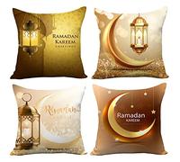 Huamengyuan Set of 4 Moon Lantern Ramadan Cushion Cover 45 cm x 45 cm Eid Mubarak Cushion Cover Ramadan Square Throw Cushion Covers Gold Muslim Ramadan Decoration for Sofa Car