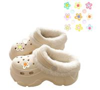 HUAMIAN Waterproof Winter Slippers, Fluffy Women's Gardening Clogs with Warm Plush Lining & Cute Upper Decor, Anti-Slip Indoor Outdoor Fur Lined Clog Mules & Gift for Women Girls (White,37-38)