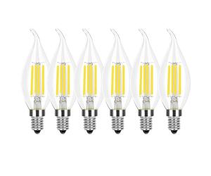 HUAMu E14 6W Dimmable LED Filament Candle Light Bulb, 60W Incandescent Replacement, 6500K Cold White, 600LM, E14 Candelabra Base Lamp, C35 Flame Shape, 6 Pack