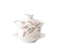 HUAMu Porcelain Tea Cup with Saucer and Lid,Embossed Chinese Gaiwan Set for Plum Blossom 10oz/300ml,White