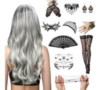 HuaMuDM Halloween Women's Wig Set of 11, Grey Wig Women, Halloween Wig Women, Silver Grey Girls Women Wig, Wig Women Costume for Carnival Cosplay