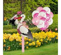 HuaMuDM Rattling Stork Set for Birth Baby, 89 cm High Baby Stork, 15 Pieces Newborn Balloon, Birth Baby Stork for Outdoors, Wooden Stork for Birth, Large Wooden Stork