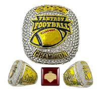 HuangouSA 2024 Fantasy Football Championship Ring with Wooden Box Champion Trophy Premium Winner Rings, 11, Gold & Silver Plated, White Diamond