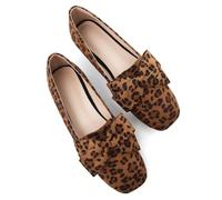 HuangTaiJi Qing Women's Pointy Toe Exquisite Pearl Rhinestone Dressy Ballet Flats Bling Slip On Comfortable Wedding Party Working Shoes, 443-leopard Brown, 5 UK