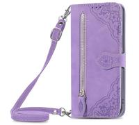 HUANGTAOLI Crossbody Case for Samsung Galaxy A70, Zipper Pouch with 7 Card Slots, Adjustable Shoulder Strape 47"/120cm, 360 Degree Protection Shockproof Phone Case, Purple