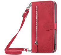 HUANGTAOLI Crossbody Case for Samsung Galaxy A71 4G Dual SIM (NOT 5G), Zipper Pouch with 7 Card Slots, Adjustable Shoulder Strape 47"/120cm, 360 Degree Protection Shockproof Phone Case, Red