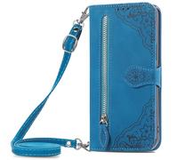 HUANGTAOLI Crossbody Case for Samsung Galaxy A71 4G Dual SIM (NOT 5G), Zipper Pouch with 7 Card Slots, Adjustable Shoulder Strape 47"/120cm, 360 Degree Protection Shockproof Phone Case, Blue