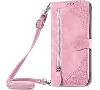 HUANGTAOLI Crossbody Case for Samsung Galaxy A71 4G Dual SIM (NOT 5G), Zipper Pouch with 7 Card Slots, Adjustable Shoulder Strape 47"/120cm, 360 Degree Protection Shockproof Phone Case, Pink