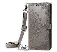HUANGTAOLI Crossbody Flip Case for OPPO Realme 9i 4G, Kickstand with 3 Card Slots, Adjustable Shoulder Strape 47"/120cm, 360 Degree Protection Shockproof Phone Case, Slim Fit and Anti-Slip Gray