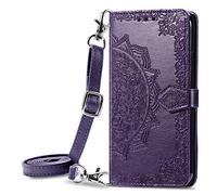 HUANGTAOLI Crossbody Flip Case for Samsung Galaxy S21 FE 5G, Kickstand with 3 Card Holder, Adjustable Shoulder Strape 47"/120cm, 360 Degree Protection Shockproof Phone Case, Purple