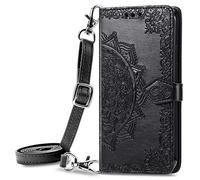 HUANGTAOLI Crossbody Flip Case for Samsung Galaxy S21 FE 5G, Kickstand with 3 Card Holder, Adjustable Shoulder Strape 47"/120cm, 360 Degree Protection Shockproof Phone Case, Black