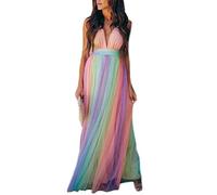 HuanHaoYu Elegant Women Long Dresses Deep V-Neck Summer Dresses Colorful Spaghetti Maxi Dresses Unique Tulle Dress (Multicoloured,L)