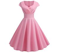 HuanHaoYu Ladies Vintage Evening Dresses 50s Dresses Retro V-Neck Unique Rockabilly Cocktail Dress Women Party Dresses (Pink,S)