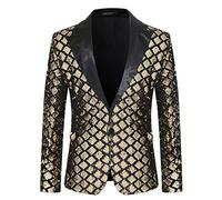 HuanHaoYu Men's Peak Lapel one Button Suit Fall/Winter Long Sleeve Loose Blazer Men's Stage Banquet Host Party Diamond Sequin Suit Jacket (Gold,L,L)