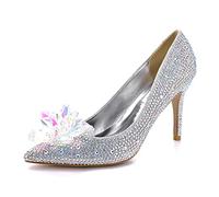 HUANLE High Heels Wedding Women Shoes Diamond Pumps Cinderella Crystal Shoes Rhinestone Pointed Toe Glitter Party Sliver-Color diamond 7 cm,40