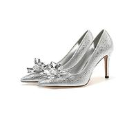 HUANLE High Heels Wedding Women Shoes Diamond Pumps Cinderella Crystal Shoes Rhinestone Pointed Toe Glitter Party Sliver-White diamond 9 cm,41